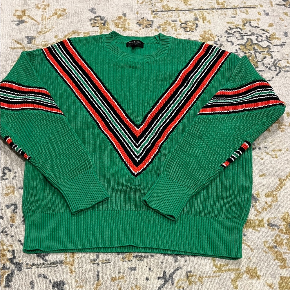rag & bone Green Chevron Crewneck Sweater with Red and Black Stripes